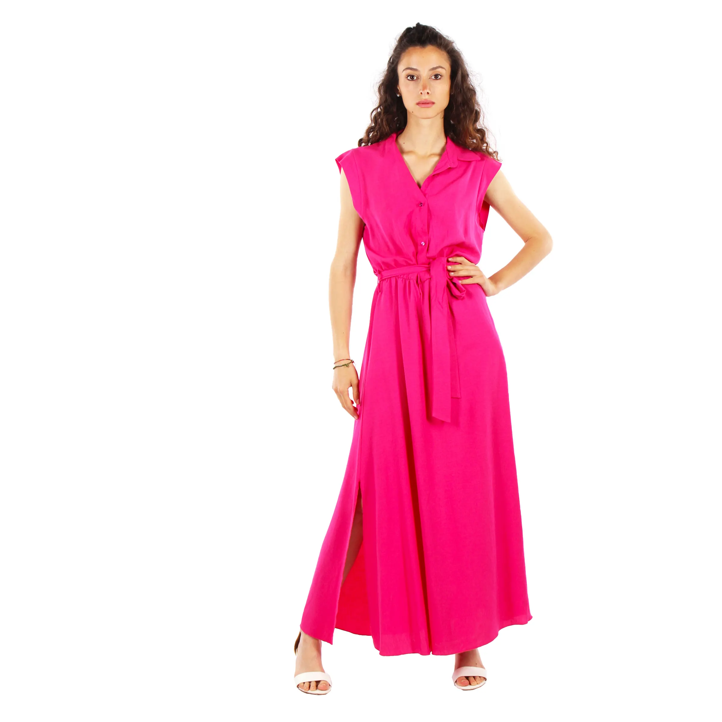 Mutiges und schönes Fuchsia Chemisier Viskose-Leinen kleid mit Gürtel in Vibrant Pink für Daytaime Party größe groß