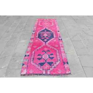 Vintage Rug, 3x8.9 ft <b>Runner</b> Turkish Rug, Herki <b>Red</b> Blue Check Rug - Product Image 1