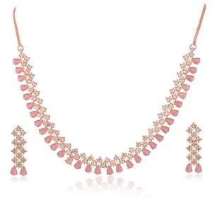 Rose Gold Plated natural stone rose quartz necklace cz jewelry fashion jewelry necklaces for women american diamond jewelry set