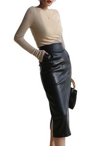 กระโปรงหนัง PU ทรงดินสอเอวสูงสำหรับผู้หญิง สีน้ำตาล ขาว ดำ ยาวปานกลาง รุ่นสปริง 2023 ผ่าข้างมีซิป - Product Image 2