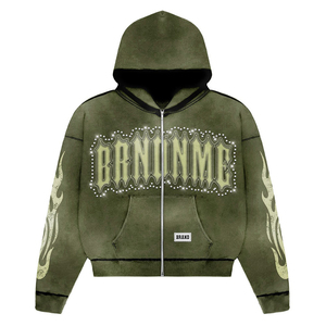 ชุดเซ็ตฮู้ดดี้และกางเกงวอร์มทรงขาบานแบบลำลองสำหรับผู้ชาย ไซส์ใหญ่พิเศษ ผ้าคอตตอน 100% ตกแต่งด้วยคริสตัลเต็มตัว ซิปแบบเต็มตัว สไตล์สตรีทแวร์ - Product Image 2