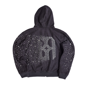 Sweat à capuche unisexe surdimensionné à fermeture éclair personnalisée avec motif de lettres en strass, streetwear, fermeture éclair bidirectionnelle, gris - Product Image 2