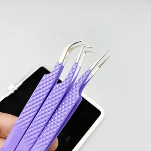 แหนบขนตาปลอมปลายโค้ง J 90องศาตรงโลโก้ส่วนตัวด้ามเพชรสแตนเลสสีม่วงเข้ม - Product Image 3