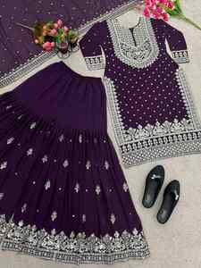 DESIGNER GEORGETTE EMBROIDERY SEQUENCE WORK TOP SHARARA WITH DUPATTA <b>PURPLE</b> - Product Image 4