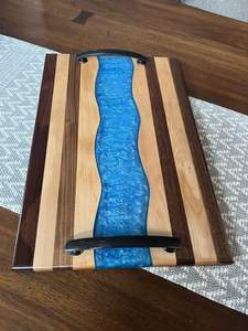 Luxury Blue Epoxy Resin Oak Wood Serving Tray Black Metal Handles Charcuterie Board Handmade <b>Kitchen</b> Platter Hotel Decor Use Set - Product Image 2