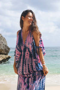 Nouveauté Robe longue à manches courtes imprimée à la main Tie Dye pour femme Robes de plage imprimée bohème à long pompon - Product Image 3