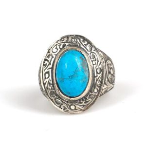 Anillo de Plata de Ley 925 de 14K para Hombre, Estilo Pluma, Rectangular Ovalado, con Turquesa en Engaste de Bisel, Delicado para Uso Diario - Product Image 2