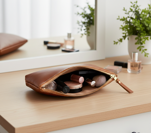 Bolsa de Maquillaje de Cuero Marrón Premium de Gran Capacidad Resistente al Agua, Neceser Cosmético para Viaje con Cierre Dorado - Product Image 5