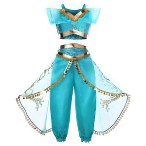 <b>Disney</b> Princess Jasmine Costume for Girls Long Fancy Dress Shorts Short Sleeves for Halloween Sofia TV Mermaid Inspired - Product Image 2
