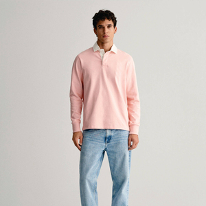 <b>Pink</b> Unisex Heavyweight Rugby Long Sleeve Cotton <b>Shirt</b> with Stripes Contrast Collar and Personalized Logo Embroidery - Product Image 1