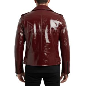 Nouvelle veste de moto pour homme en cuir verni rouge cerise brillant avec col montant et logo frontal, style streetwear hivernal, veste de motard - Product Image 2
