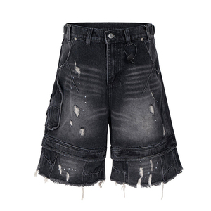 Pantalones Cortos Cargo de Algodón Lavado para Hombre, Cintura Media, Dobladillo Desgarrado, Estilo Casual Urbano, Color Sólido, Cierre de Botones, Largo Bermuda - Product Image 1