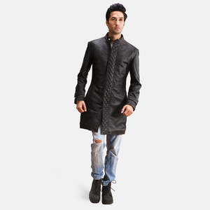 Midlander Casual <b>Black</b> Leather <b>Coat</b> Quilted Pattern Hooded Overcoat Wool Filling Button Genuine Knitted Lightweight Soft - Product Image 4