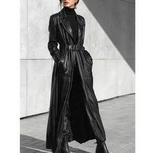 Letterman elegante abrigo largo de cuero mujer invierno Letterman cuero largo gabardina señoras - Product Image 6