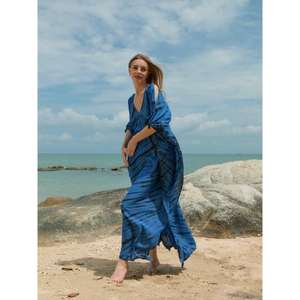 Women Blue Printed Eco-Friendly Floor-Length Maxi <b>Dress</b> V Neck Loose Fit Natural Waistline Beach Wear Boho Summer Resort Long - Product Image 3