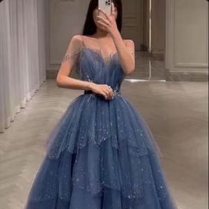 ชุดเดรสค็อกเทลทรงเอไลน์แบบไม่มีแขนสำหรับผู้หญิง ป้องกันไฟฟ้าสถิต ผ้าเนื้อแน่น ยาวกรอมพื้น สไตล์งานเลี้ยงกลางคืน แต่งลายปัก สายผ้าตาข่ายโพลี ประดับมุก - Product Image 1