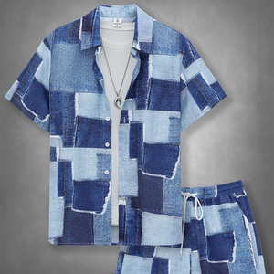 <b>Mens</b> Blue and White box style <b>Summer</b> Set <b>for</b> Beachwear Style Fashionable Streetwear Set <b>for</b> <b>Men</b> Perfect <b>for</b> Vacation - Product Image 1