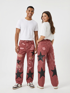 Wholesale Bulk OEM Distressed Denim <b>Jeans</b> Star Patch Straight Leg Streetwear <b>High</b> <b>Waist</b> Loose Fit Fashion <b>Jeans</b> Pants - Product Image 3