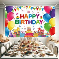 Toile de fond d'anniversaire pour enfants, colorée, avec ballons et gâteau, en polyester, lavable et réutilisable, pour photographie, 5,9 x 3,6 pieds