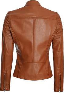 TESSUTO Women's Quilted Genuine Leather Motorcycle Jacket-Trendy Vintage Style <b>Waterproof</b> Breathable Eco-Friendly Nylon Lining - Product Image 5