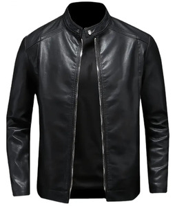 Veste en cuir d'agneau véritable pour homme décontractée automne-hiver avec col montant en toile, logo frontal, coupe ajustée régulière, couleur personnalisée - Product Image 1
