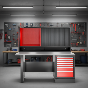 Armoire à outils haute performance Facom, plan de travail en acier inoxydable, établi avec 7 tiroirs et unité murale - Product Image 3