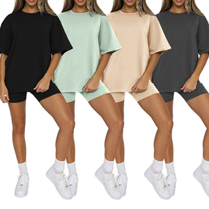 เซ็ตเสื้อยืดกางเกงขาสั้นสำหรับผู้หญิงใส่ในฤดูร้อน2024เป็นมิตรกับสิ่งแวดล้อมชุดใส่เล่นสองชิ้นพร้อมเชือกตกแต่งเสื้อเอวลอย - Product Image 1