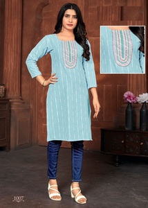 Ready Made Slub Cotton <b>Booti</b> Neck Sequence Work Kurtis for Online Sale - Product Image 5