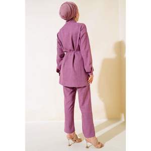 ผ้าลินิน2ชิ้นชุดที่มีรายละเอียดกระเป๋าหินสีกุหลาบฝุ่น - Product Image 1