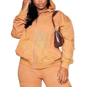 Sweats à capuche avec fermeture éclair et délavés à l'acide pour femmes poids lourd personnalisé Sweats à capuche vintage brodés au design haut de gamme pour femmes Teint uni pour l'hiver - Product Image 5