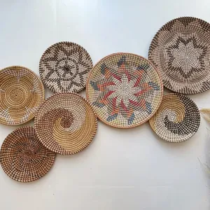 Set 7 buah barang dekorasi keranjang gantung dinding lamun jerami anyaman tangan antik untuk produk buatan tangan anyaman bohemian rumah