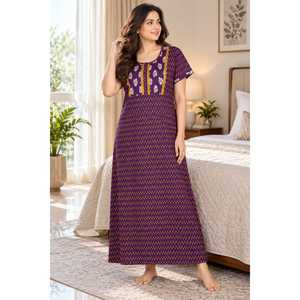 Women's 100% Cotton <b>Long</b> Sleeve Maxi Nightgown-Traditional Motif Print Soft & Comfortable Quick Dry Sleepwear - Product Image 1