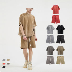 Ensemble T-shirt et short décontracté unisexe en coton 100% délavé, écologique, avec logo personnalisé, vêtements de sport, étiquette privée en relief 3D - Product Image 1