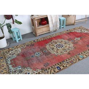 Tapis turc vintage, grand tapis de 4,3 x 9,6 pieds, tapis en laine Ikat rouge et bleu - Product Image 3