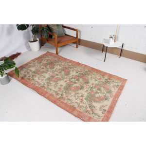 Tapis turc à accents persans 3,7x6,46 pi (113x197 cm), tapis en laine rouge vintage - Product Image 2