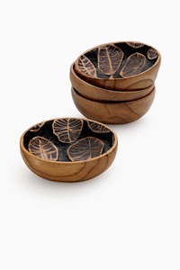 Bol de service en bois d'acacia émaillé avec motif de feuille de fougère monochrome Vaisselle rustique artisanale pour une décoration de salle à manger élégante - Product Image 2