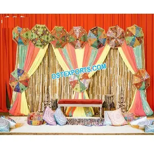Bruiloft Podium Achtergrond Voor Garba Nacht Decor Mooie Mehndi & Sangeet Nacht Drapeert Kleurrijke Mehndi Ceremonie Podium Achtergrond