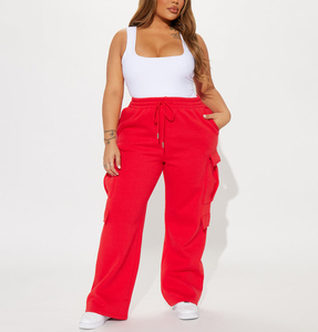 Pantalon de survêtement chaud pour femme, taille haute, devant plat, coupe régulière, jambe large, cordon de serrage, motif uni, poches, 100% coton molletonné - Product Image 1