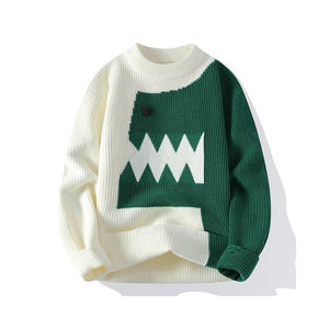 Pull rayé à col rond coupe ajustée pour hommes Pull d'hiver confortable et respirant tricoté à la main Style décontracté - Product Image 2