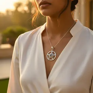 Colgante de Pentagrama de Plata 925 con Cristal Chapado en Oro y Piedra Preciosa de Diamante, Amuleto de Joyería Religiosa y de Brujería - Product Image 2