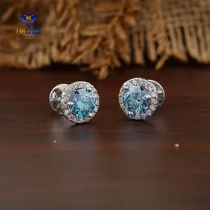 1.32 CT Fantasia Azul Redonda Studs 18k Ouro Branco Labgrown Diamante Hpht/Cvd Diamante Jóias