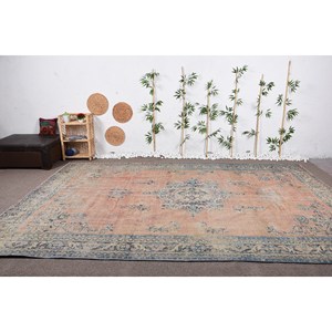Alfombra de lana de retazos azul naranja Vintage área grande 9x12 patrón de pasillo rectangular para entrada látex viscosa 8,8X12,9 pies - Product Image 1