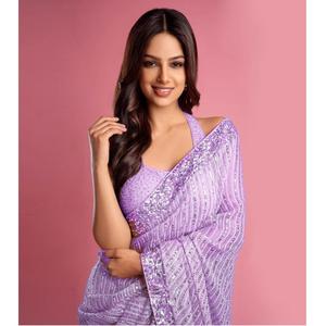 La plus belle et la plus attrayante georgette, lourde séquence, saree de travail avec blouse pièce indienne, vêtements pour femmes, pas cher, prix bas, vente en gros - Product Image 1