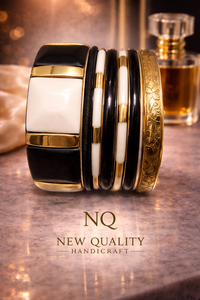 Premium Black Gold Bangle Set – Resin & Alloy <b>Stack</b> <b>Bracelets</b> with Rhinestones for Women, Trendy Fashion Jewelry Wholesale - Product Image 2