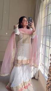 Ensemble Sharara Gharara Salwar Kameez indien, broderie traditionnelle, tenue de soirée d'hiver, ensemble ethnique prêt-à-porter en georgette, 3 pièces - Product Image 6