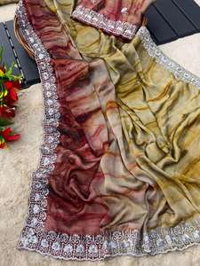 Sari de seda de diseñador Rangoli con Secuencia de trabajo de piedra estilo pakistaní ropa de fiesta de boda para mujeres ropa india y paquistaní - Product Image 4