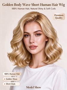 Peluca de Cabello Humano Corto con Ondas Doradas, Suave y Brillante, Rizado Natural, para Uso Diario - Product Image 1