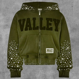 Sweat à capuche zippé en molleton français 450 g/m², coupe courte et ample, effet délavé soleil, strass et délavage acide, mélange de coton, style streetwear personnalisé - Product Image 3