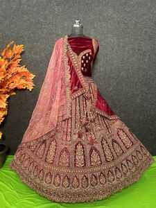 Majestic Velvet Bridal Lehenga Set Heavy Jarakan Embroidery 12 Kali 5 <b>Meter</b> Flair Double Dupatta Rajwadi Multi-Colour for - Product Image 6