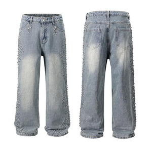 Nouveau Jean en Denim Baggy Droit pour Homme de Haute Qualité, Premium, Personnalisé, 14oz, Effet Délavé Vintage, avec Strass, Vente en Gros, Style Streetwear - Product Image 1